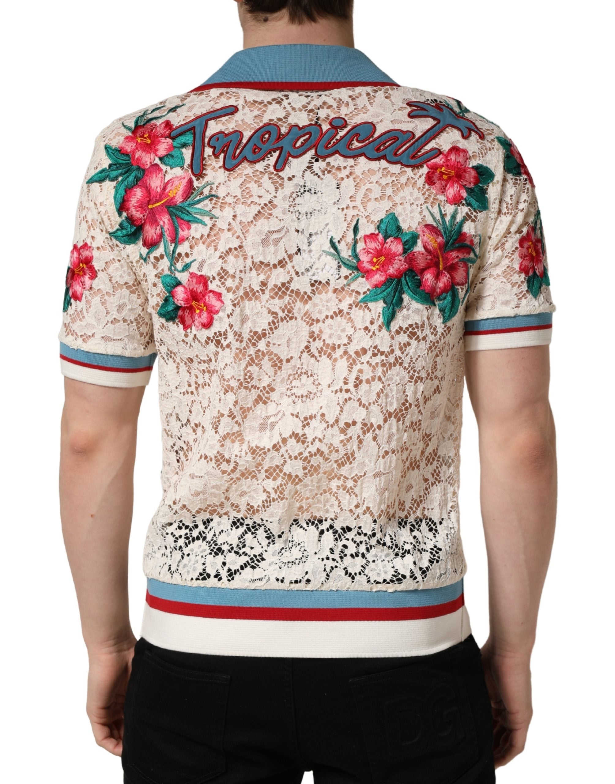 Indulge in the exquisite Dolce & Gabbana Beige Floral Tennis Club Lace Polo T-shirt, where refined craftsmanship meets timeless elegance for the discerning individual.