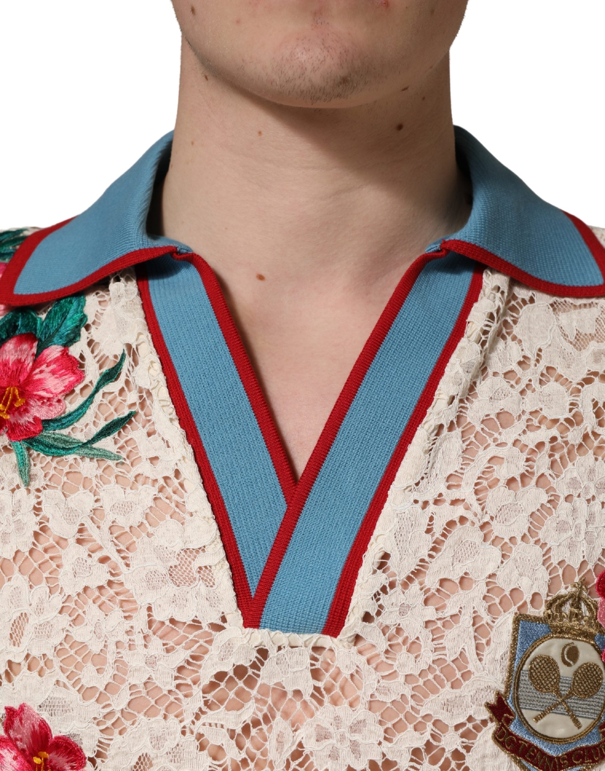 Experience the allure of Dolce & Gabbana's Beige Floral Tennis Club Lace Polo T-shirt, where exquisite craftsmanship meets timeless elegance for the discerning individual.