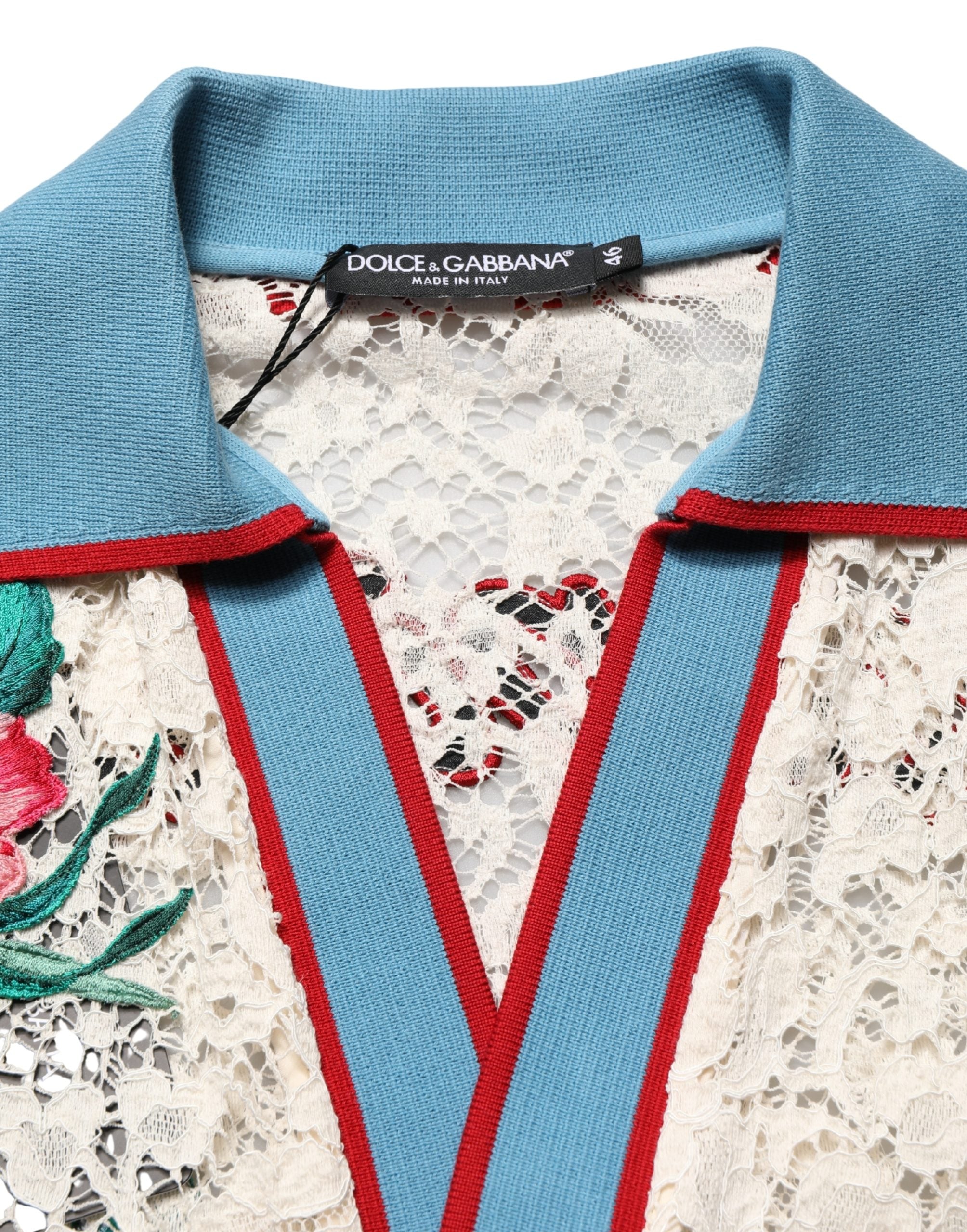 Elevate your wardrobe with the Dolce & Gabbana Beige Floral Tennis Club Lace Polo T-shirt, a symbol of refined elegance and Italian craftsmanship, perfect for any occasion.