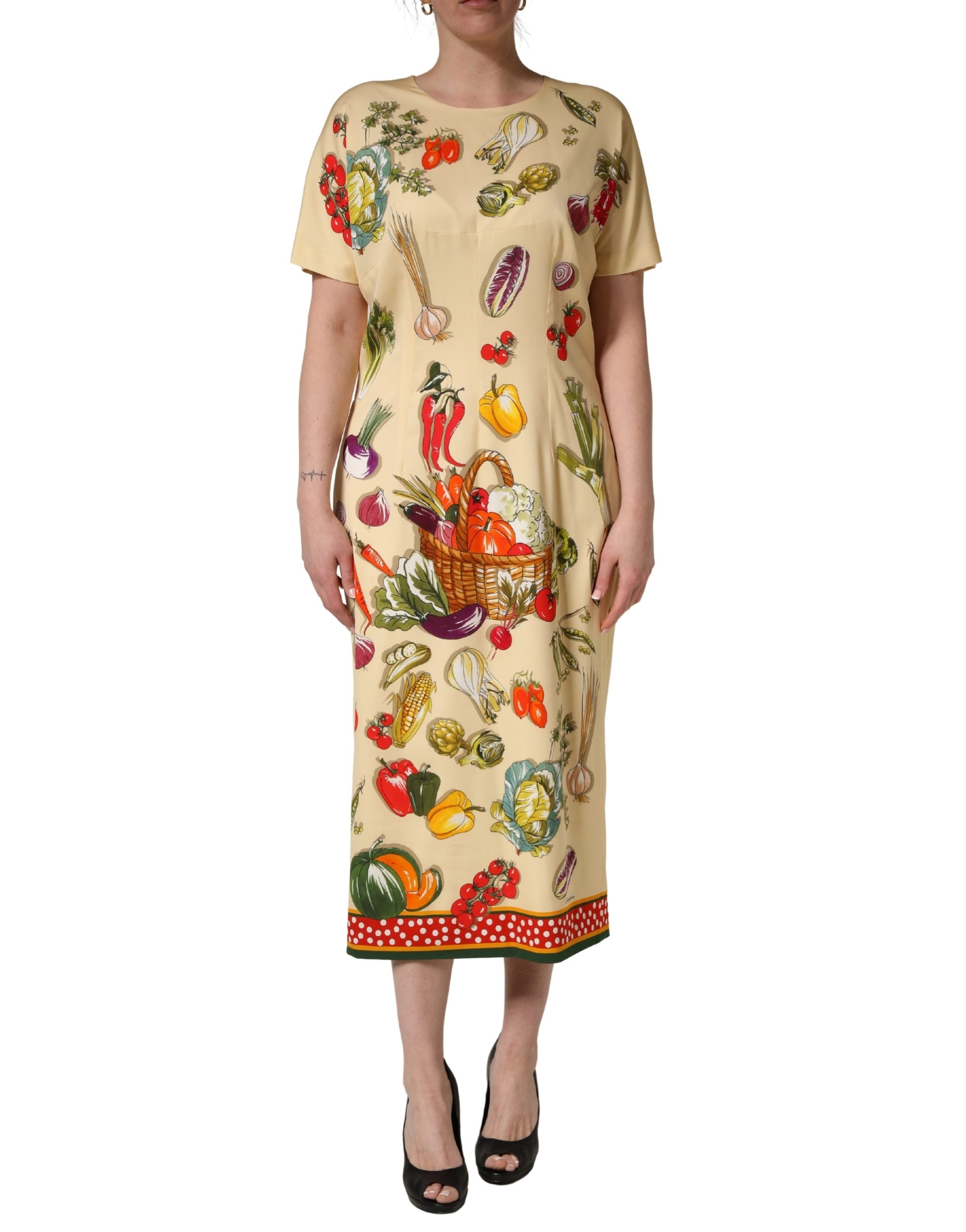 Indulge in the exquisite Dolce & Gabbana Beige Fruit PolkaDot Sheath Silk Midi Dress, a testament to Italian craftsmanship that elevates your elegance for any occasion.