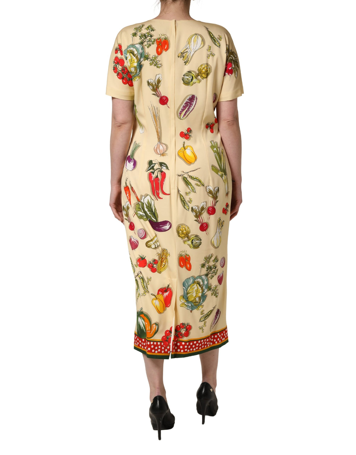 Indulge in the elegance of Dolce & Gabbana's Beige Fruit PolkaDot Sheath Silk Midi Dress, a luxurious blend of silk and elastane, crafted in Italy for timeless sophistication.