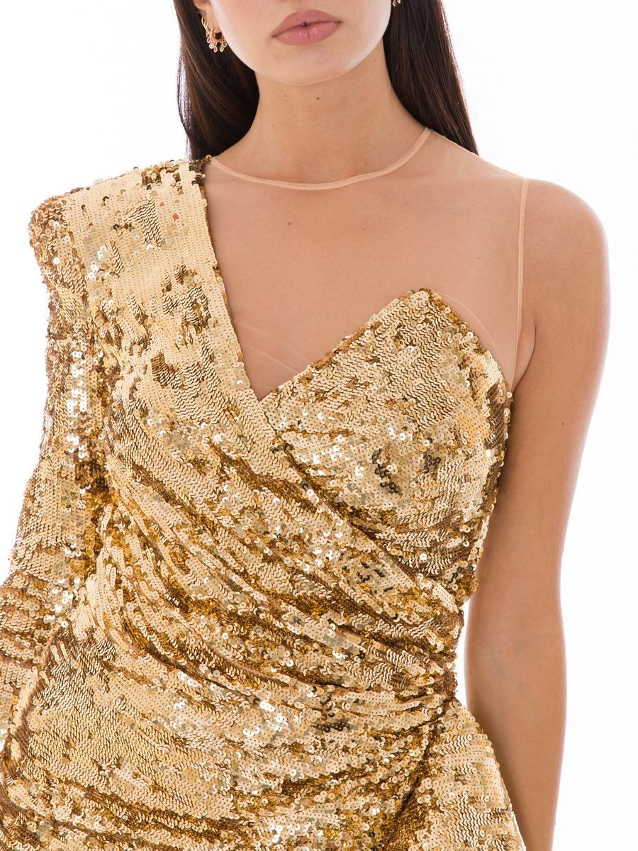 Experience the allure of the Elisabetta Franchi Bicolor Polyamide Short Dress, a luxurious blend of gold sequins and artisanal craftsmanship, perfect for any sophisticated occasion.