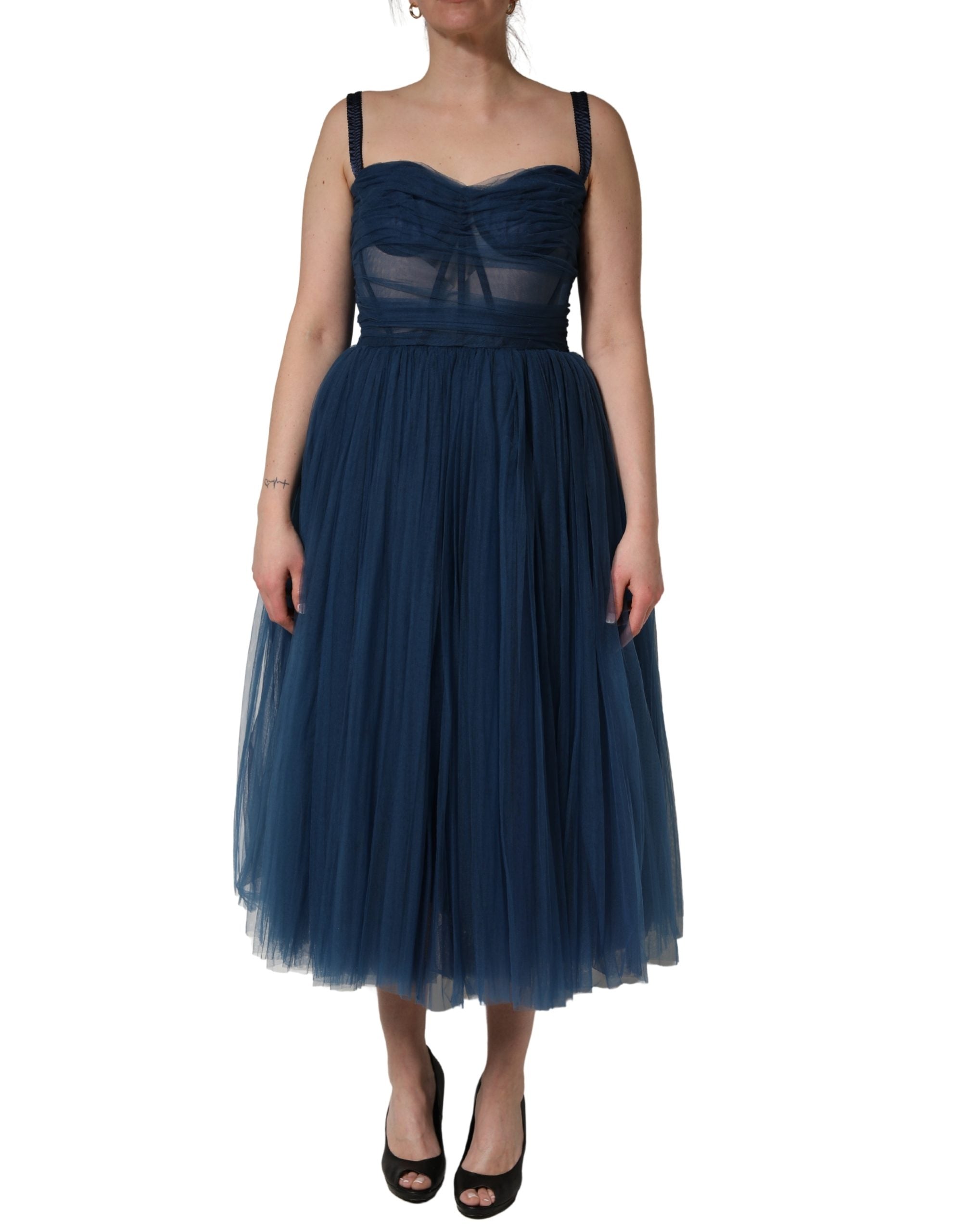 Elevate your wardrobe with the Dolce & Gabbana Blue Tulle Midi A-line Dress, a masterpiece of Italian craftsmanship, blending luxurious silk and cotton for timeless elegance.