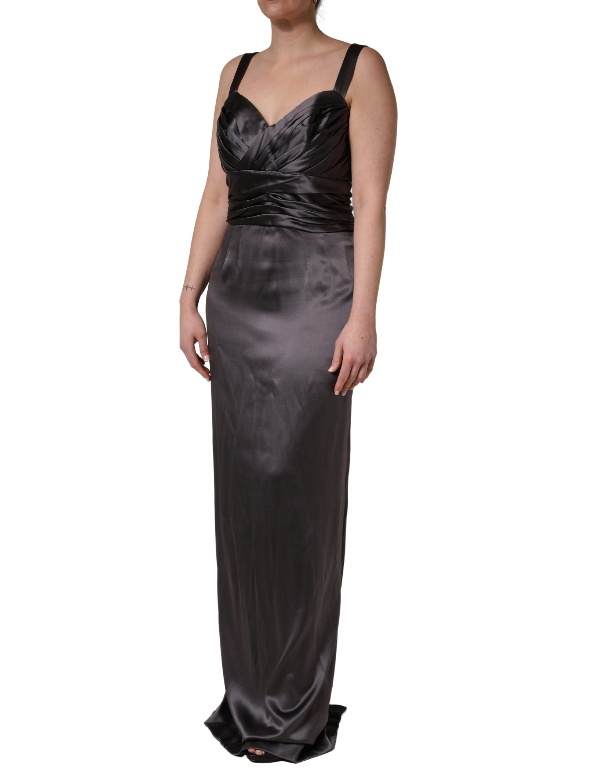 Indulge in the allure of the Dolce & Gabbana Black Satin Sleeveless Sweetheart Dress, a testament to Italian craftsmanship, perfect for elegant occasions.