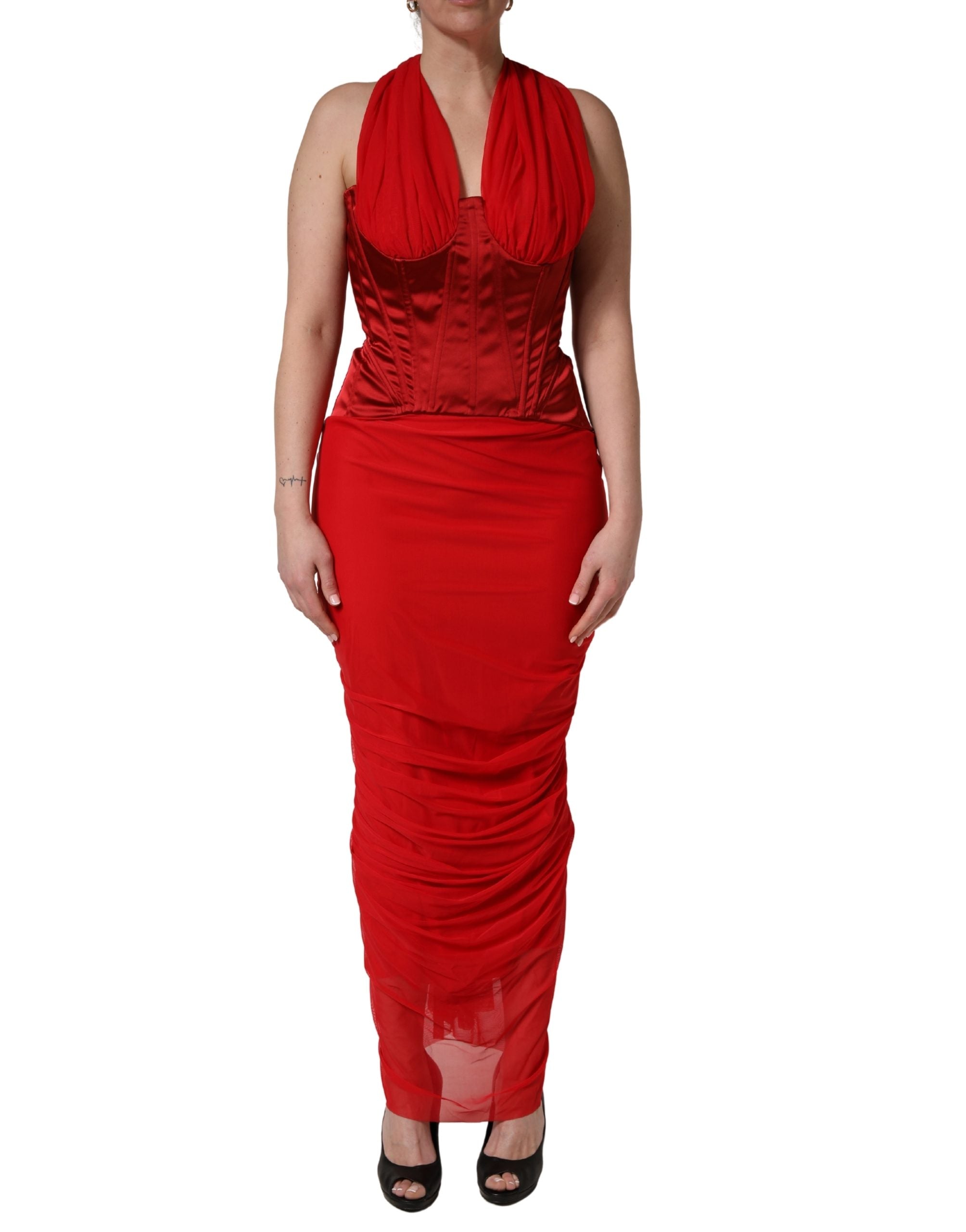 Indulge in the exquisite allure of the Dolce & Gabbana Red Halter Corset Sleeveless Sheath Dress, where luxurious silk and a flawless fit elevate your elegance.