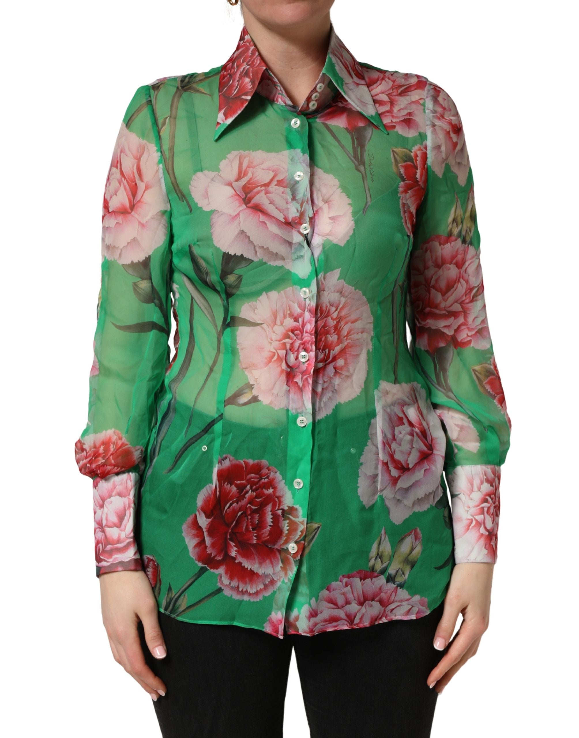 Elevate your wardrobe with the Dolce & Gabbana Green Carnation Print Silk Blouse, a masterpiece of Italian craftsmanship that embodies timeless elegance and sophistication.