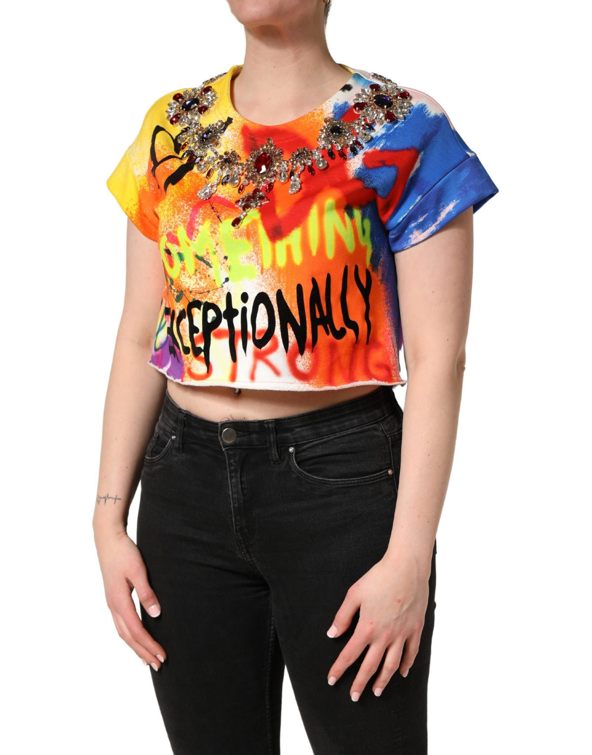 Indulge in the exquisite Dolce & Gabbana Multicolor Graffiti Crystals Crop Jersey Top, a masterpiece of Italian craftsmanship that elevates your style with luxurious cotton and artistic allure.