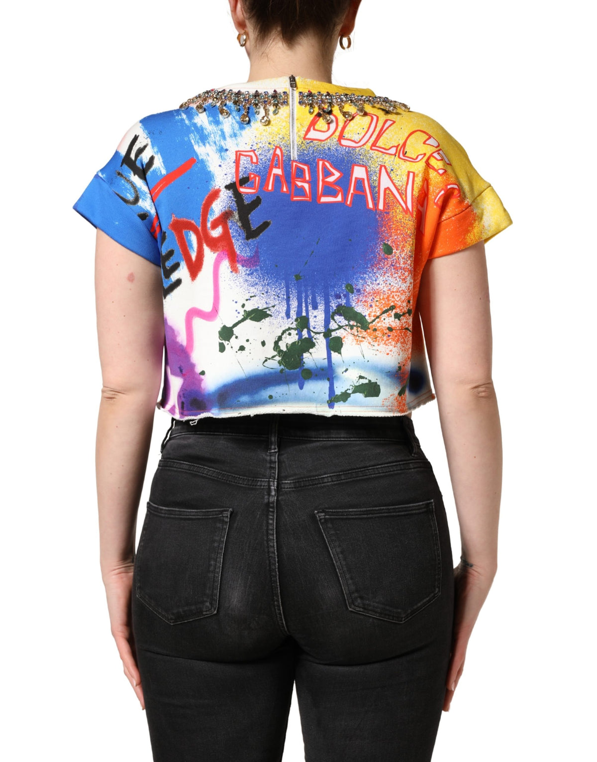 Indulge in the exquisite Dolce & Gabbana Multicolor Graffiti Crystals Crop Jersey Top, crafted from luxurious cotton, perfect for elevating your summer soirées with effortless sophistication.