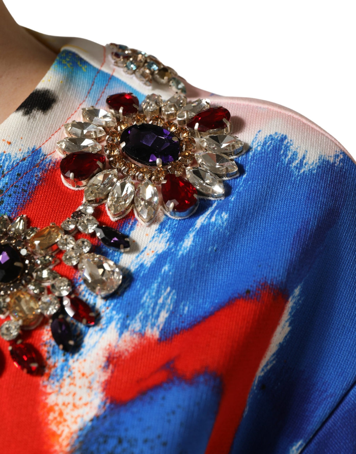 Elevate your wardrobe with the Dolce & Gabbana Multicolor Graffiti Crystals Crop Jersey Top, a masterpiece of Italian craftsmanship in luxurious cotton, perfect for chic gatherings.