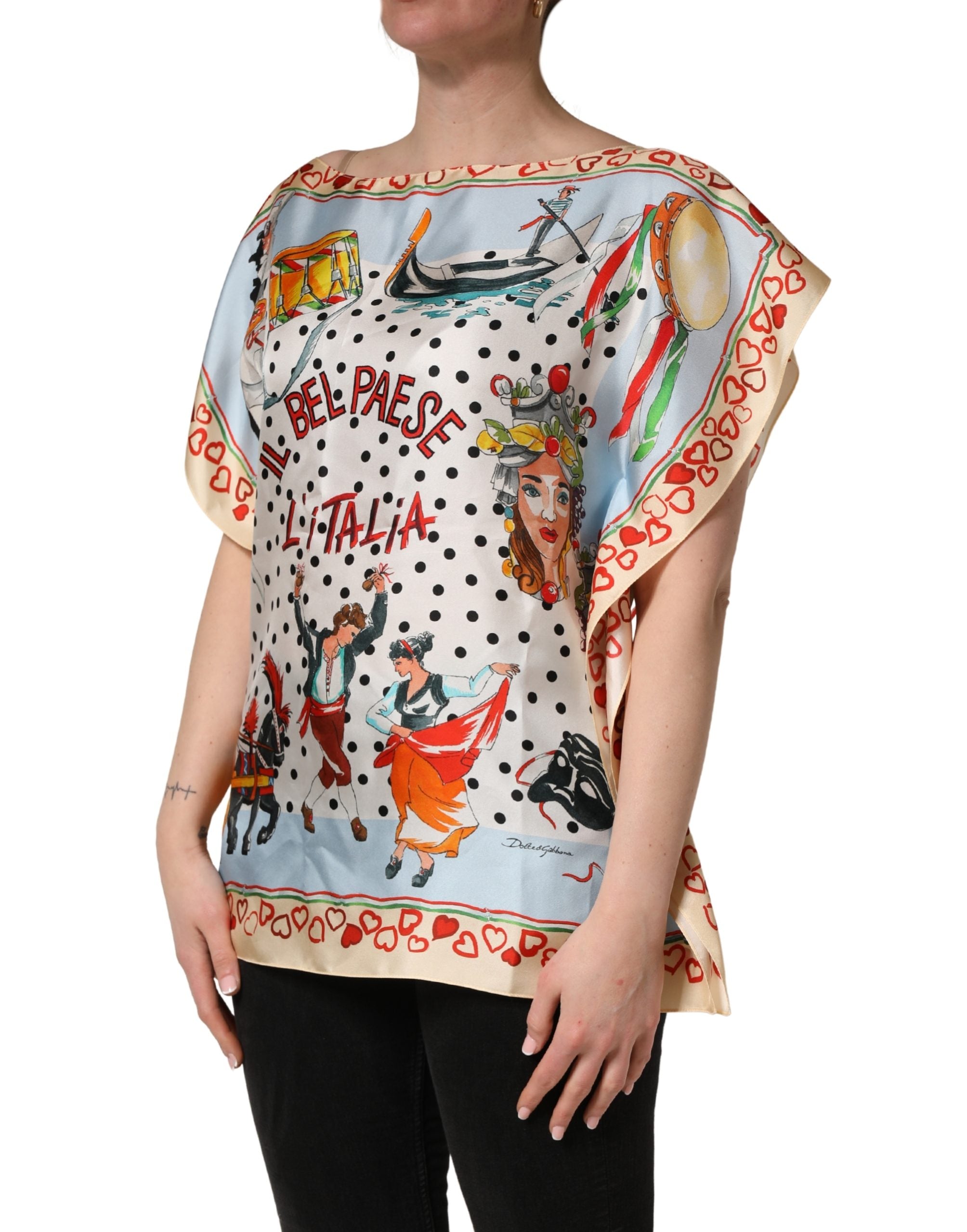 Elevate your wardrobe with the Dolce & Gabbana Multicolor Italy Scenes Graphic Silk Top, a masterpiece of Italian craftsmanship that embodies luxury and artistic allure.