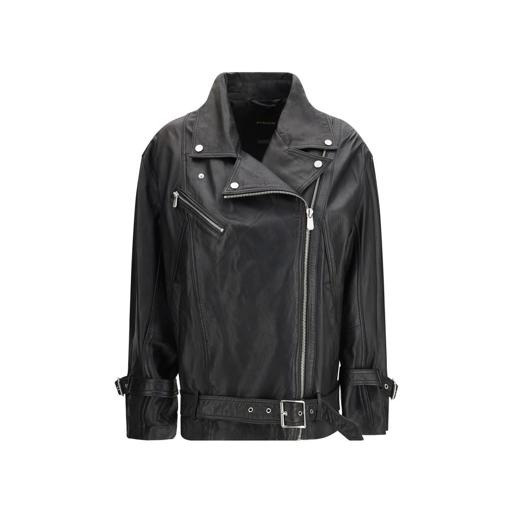 Indulge in the PINKO Black Leather Jacket, a luxurious blend of 100% sheep leather and modern biker elegance, perfect for those who appreciate timeless sophistication.