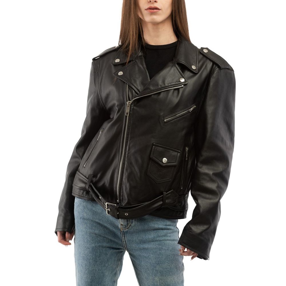 Indulge in the exquisite Moschino Black Leather Jacket, a luxurious staple crafted from 100% polyester, embodying timeless elegance for the discerning fashion connoisseur.