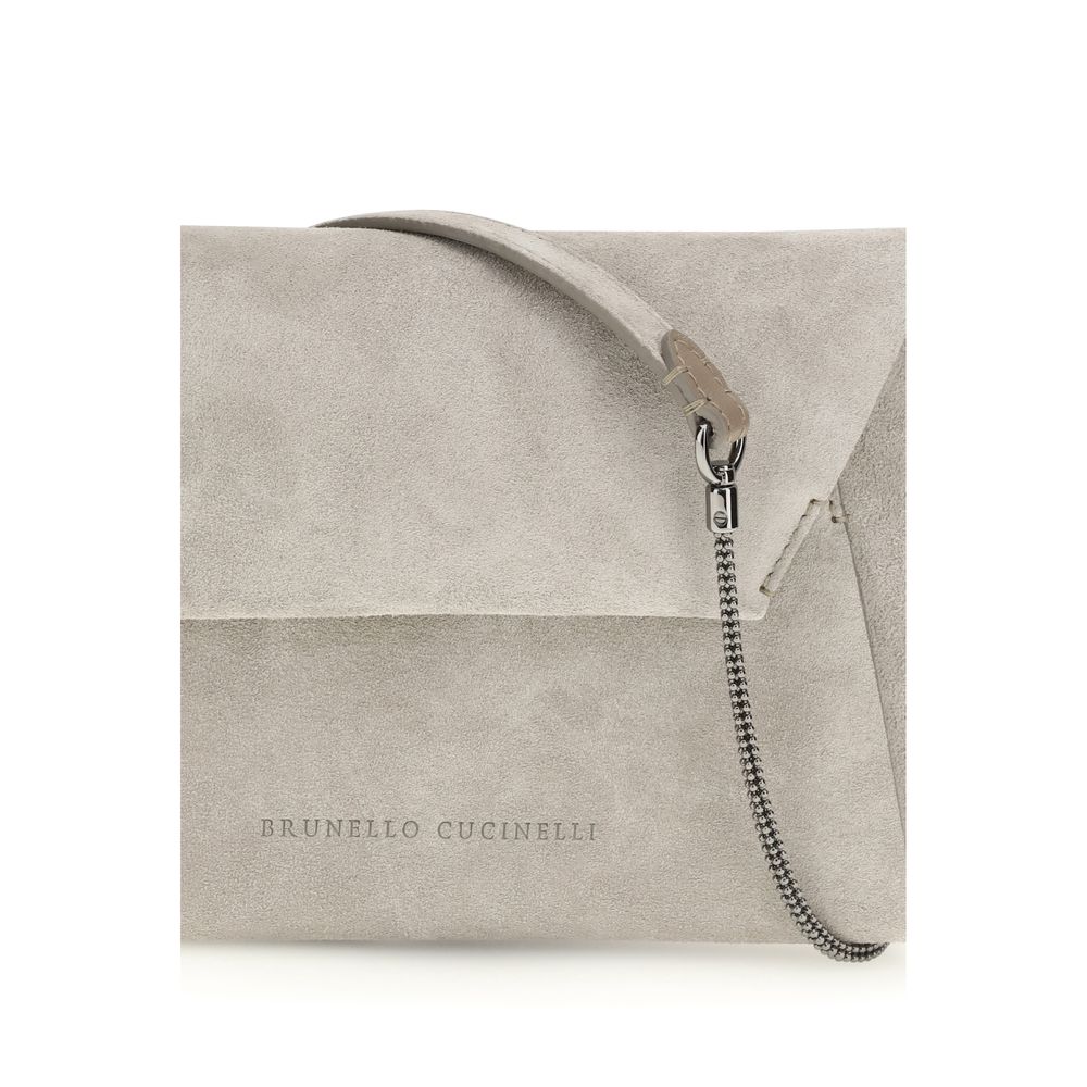 Indulge in the elegance of the Brunello Cucinelli Gray Calf Leather Bos Taurus Shoulder Bag, a timeless masterpiece crafted for those who embody sophistication and grace.