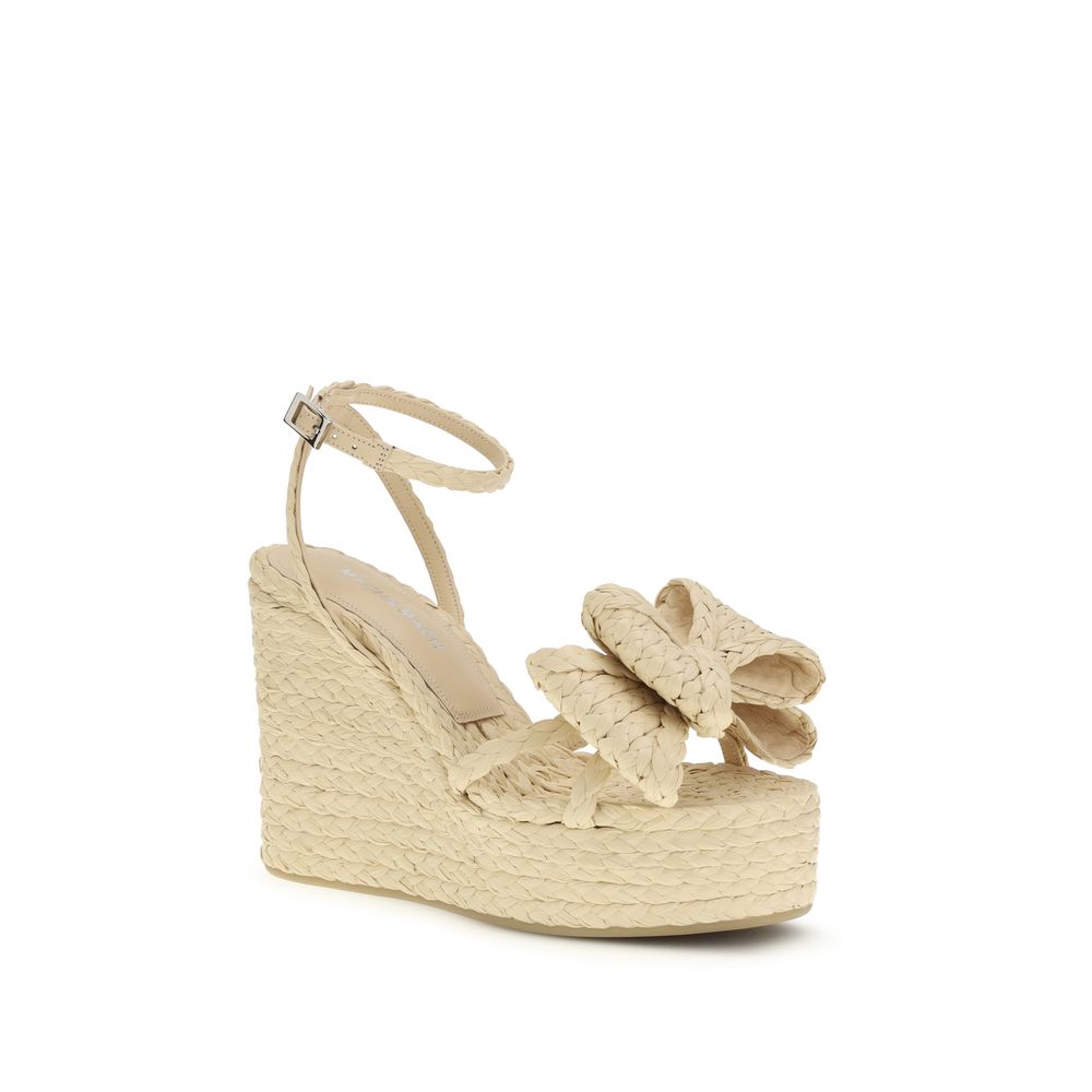 MACH & MACH Beige Raffia Wedge Sandals - Artisanal Luxury