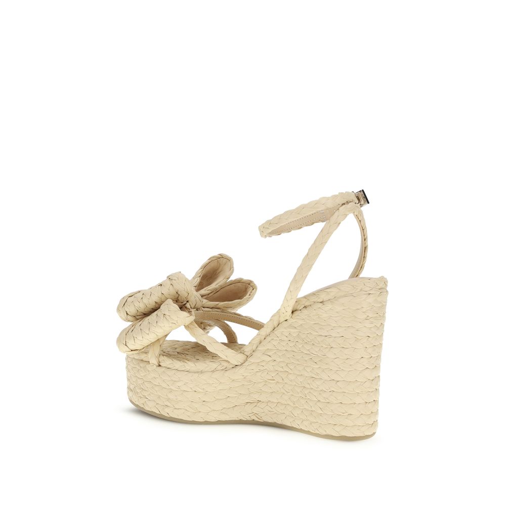 MACH & MACH Beige Raffia Wedge Sandals - Artisanal Elegance