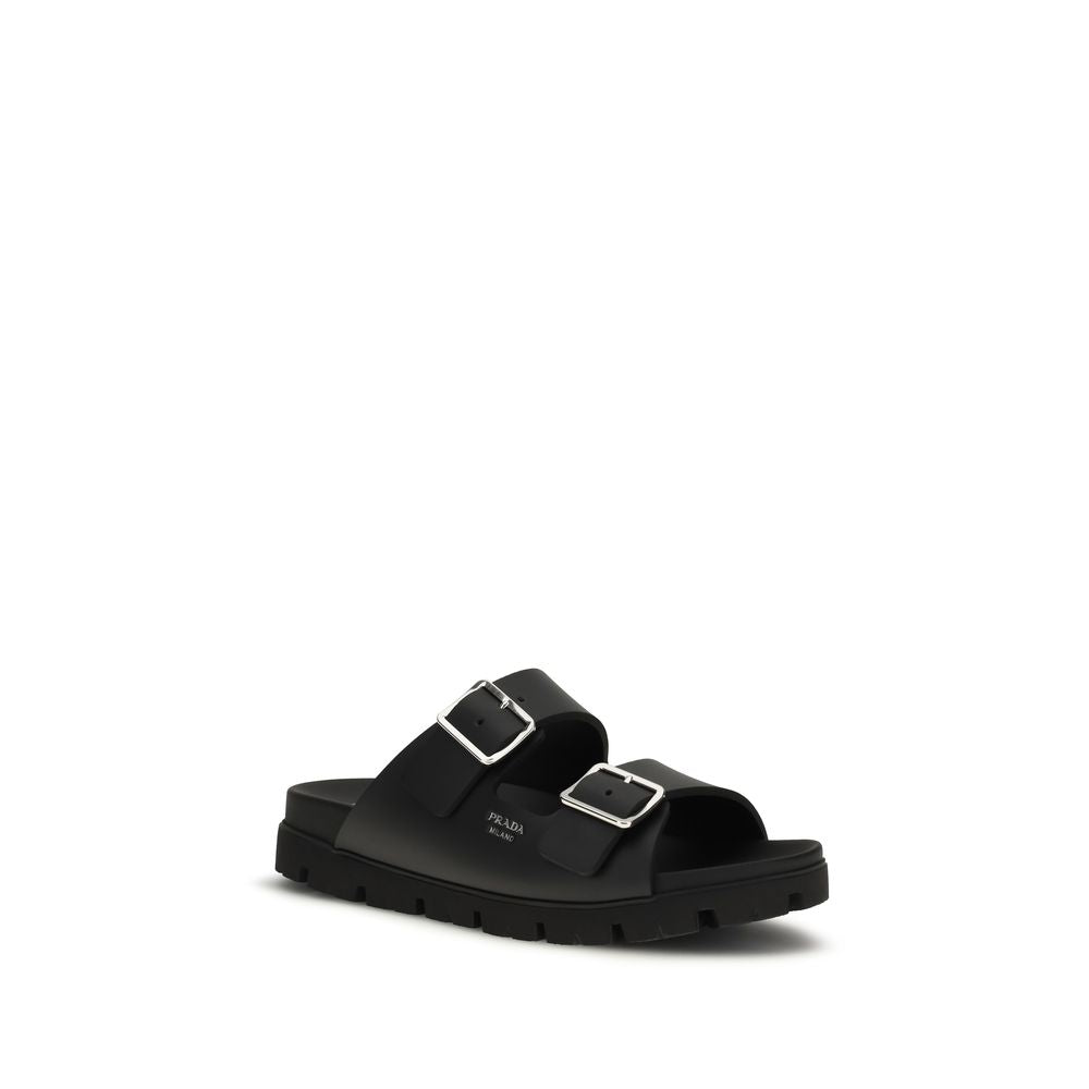 Step into unparalleled luxury with Prada Black Calf Leather Bos Taurus Sandals, expertly crafted for timeless elegance and a personalized fit, perfect for any occasion.