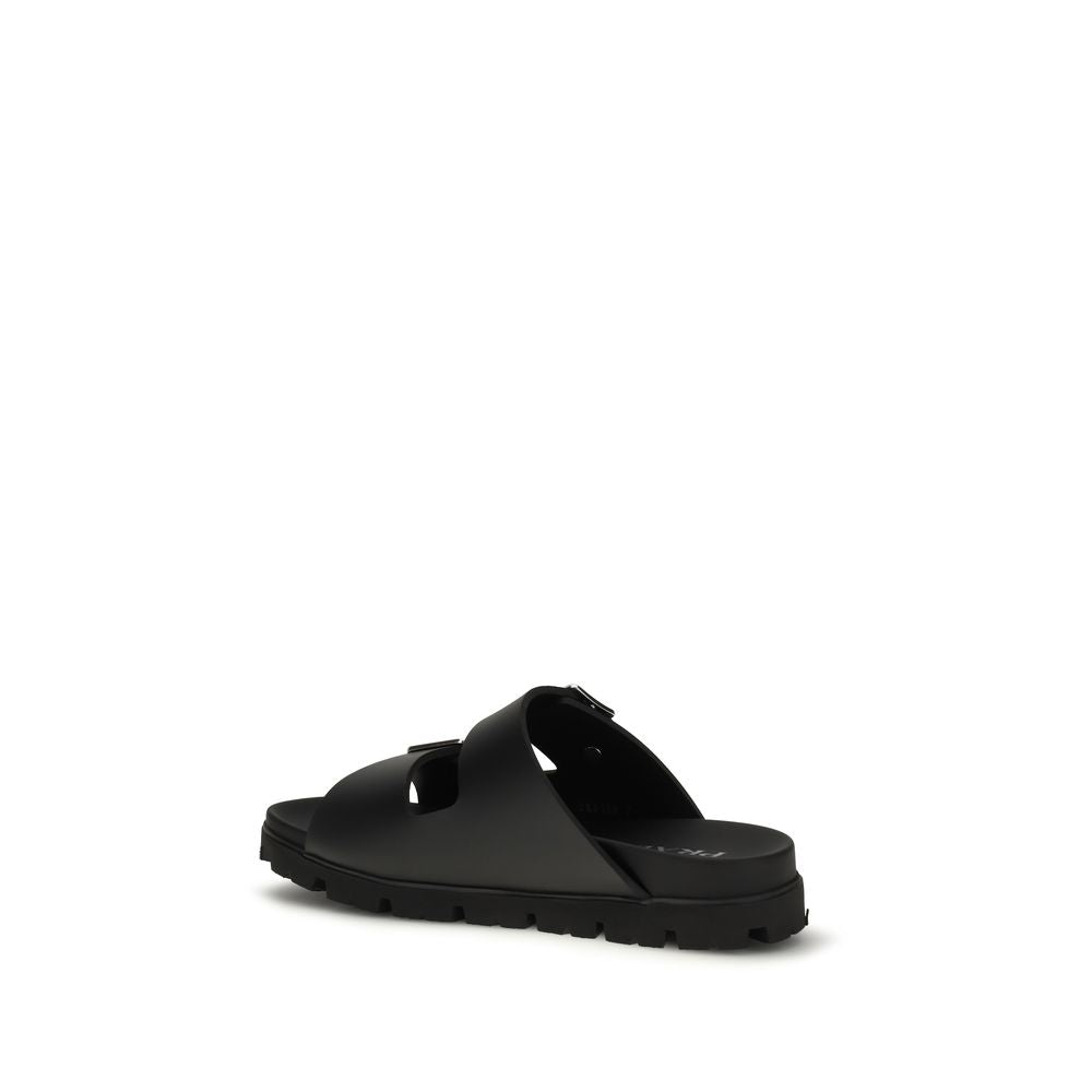 Experience unparalleled luxury with Prada Black Calf Leather Bos Taurus Sandals, expertly crafted for timeless elegance and comfort, perfect for every sophisticated occasion.