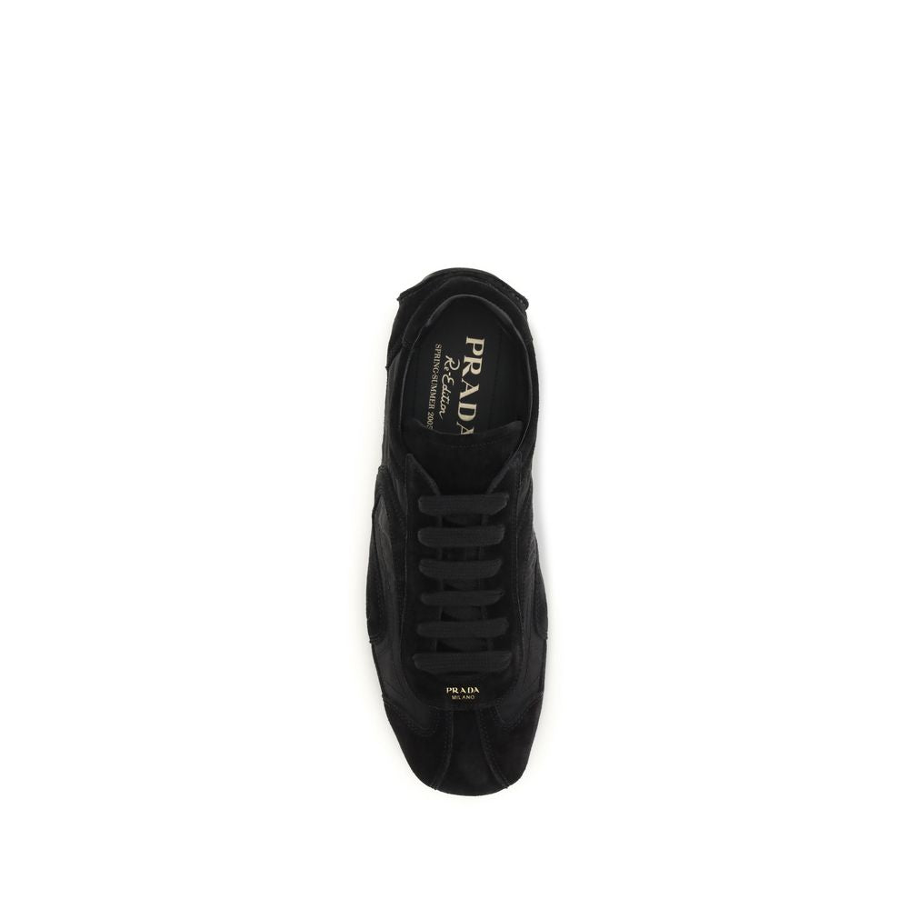 Indulge in the luxury of Prada Black Calf Leather Bos Taurus Athletic Sneakers, where exquisite craftsmanship meets modern elegance, perfect for the discerning individual.