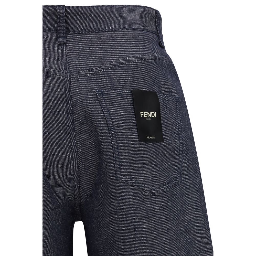 Experience the exquisite craftsmanship of Fendi Blue Linen Relaxed Fit Jeans, where luxurious linen and silk blend for effortless elegance in every refined moment.
