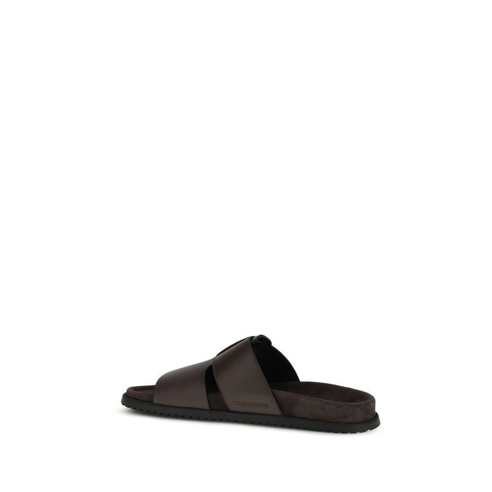 Dolce & Gabbana Brown Calf Leather Flat Sandals - Luxury Footwear