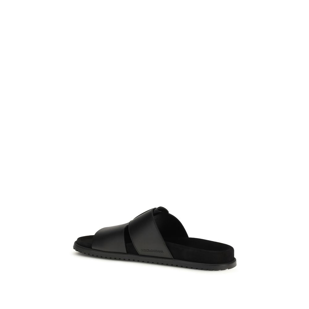 Dolce & Gabbana Black Calf Leather Flat Sandals - Luxury Elegance