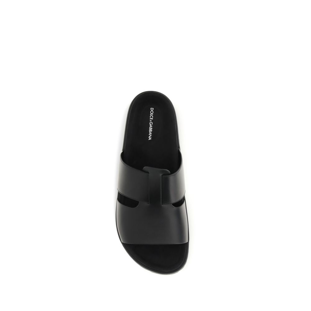 Dolce & Gabbana Black Calf Leather Flat Sandals - Luxury Elegance