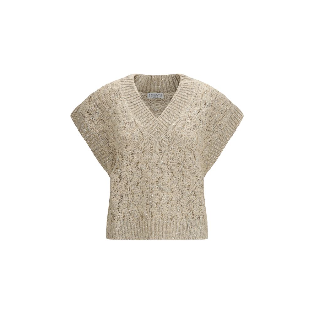 Elevate your wardrobe with the Brunello Cucinelli Beige Silk Sleeveless Sweater, a masterpiece of exquisite craftsmanship and luxurious materials, perfect for any elegant occasion.