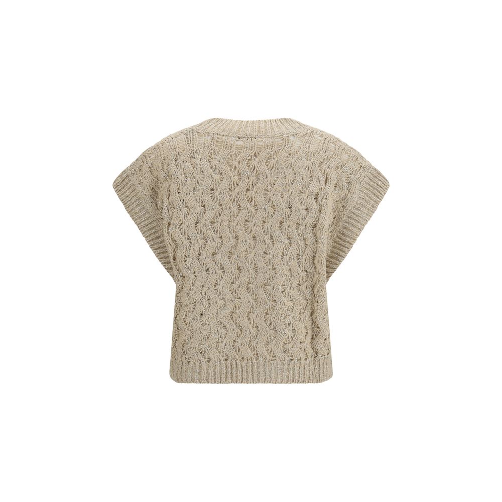 Elevate your wardrobe with the Brunello Cucinelli Beige Silk Sleeveless Sweater, a masterpiece of exquisite craftsmanship and luxurious materials for timeless allure.