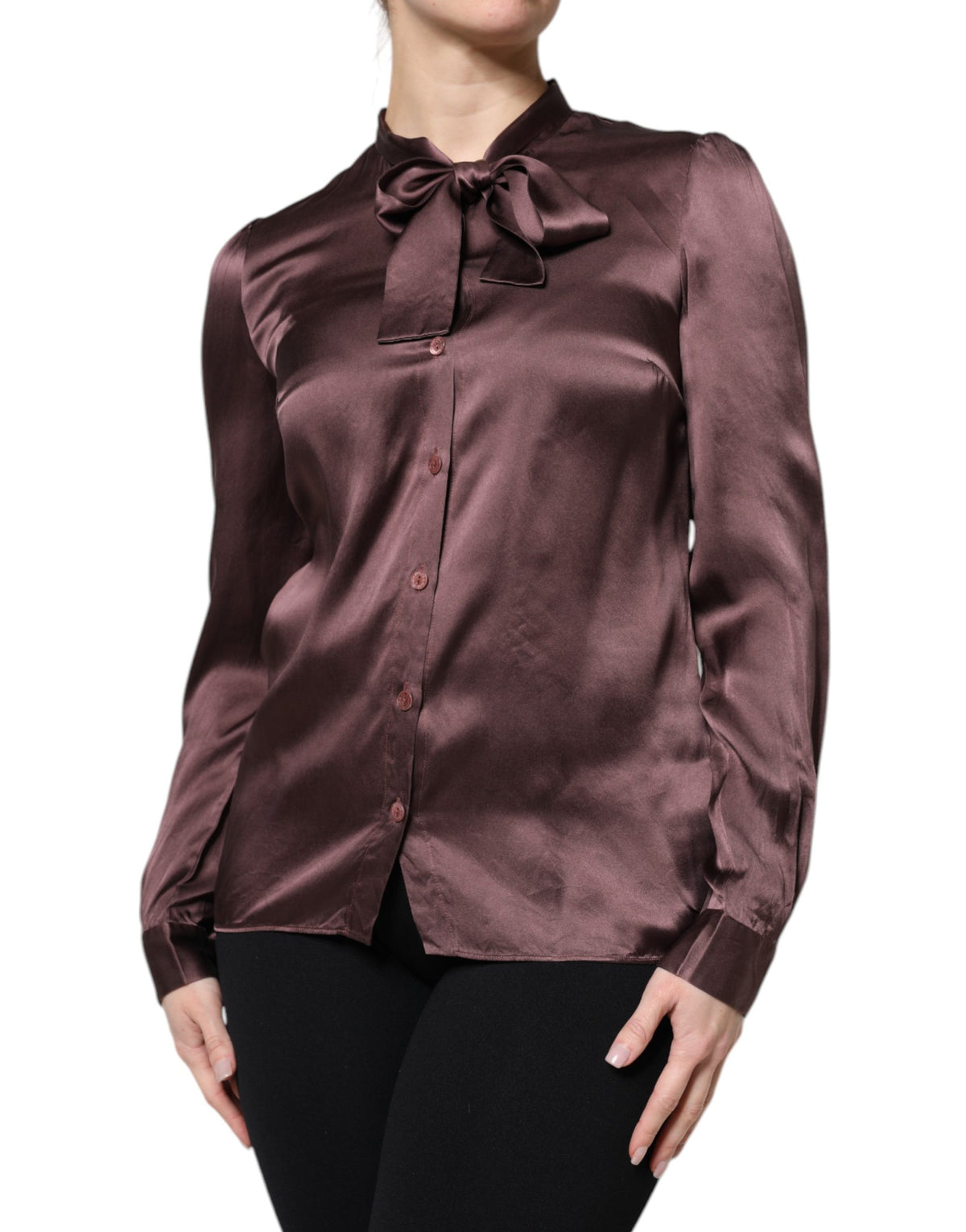 Indulge in the exquisite allure of Dolce & Gabbana's Violet Satin Long Sleeve Ascot Tie Shirt, a timeless masterpiece crafted from luxurious silk, embodying elegance and sophistication for any occasion.