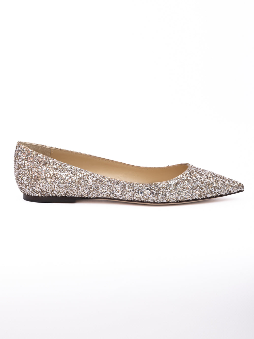 Indulge in the exquisite allure of Jimmy Choo's Rose Gold Glitter Fabric Alina Ballet Flat, where elegance meets artistry in a timeless design that elevates every ensemble.