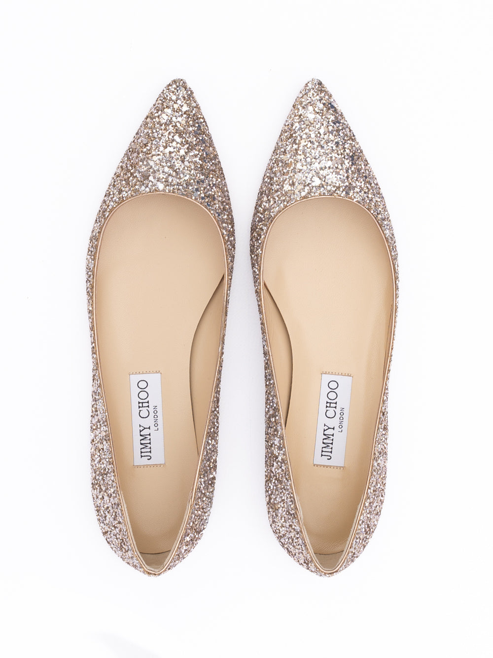 Indulge in the exquisite allure of the Jimmy Choo Rose Gold Glitter Fabric Alina Ballet Flat, where artistry meets elegance, perfect for the discerning trendsetter.