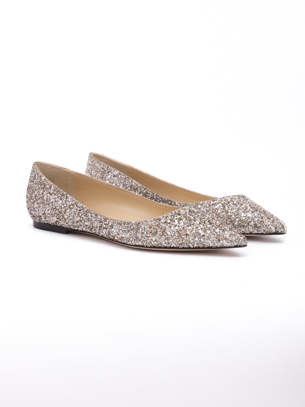 Indulge in the exquisite allure of the Jimmy Choo Rose Gold Glitter Fabric Alina Ballet Flat, where artistry meets elegance for the discerning connoisseur.