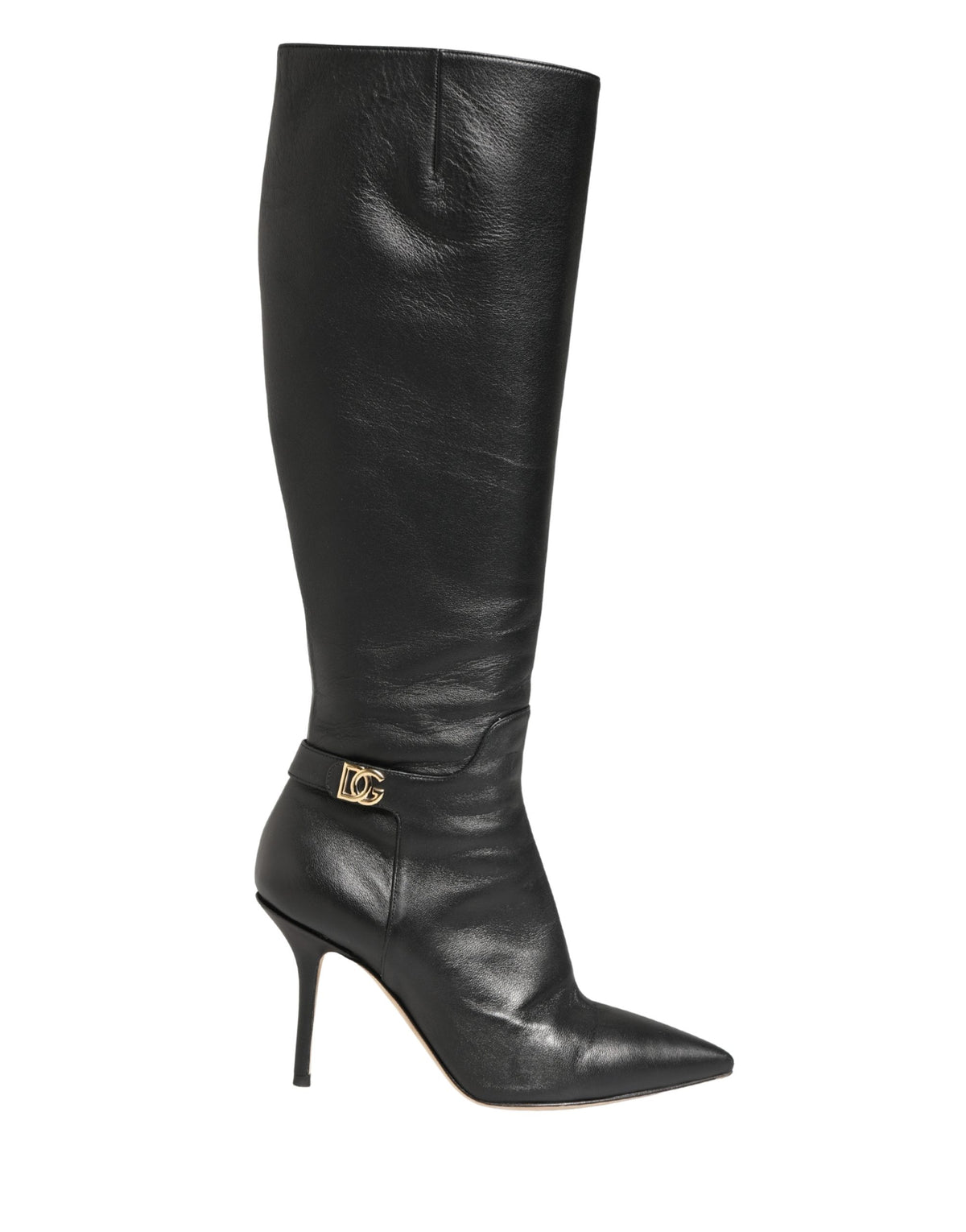 Step into unparalleled elegance with Dolce & Gabbana's black leather knee-high boots, where exquisite craftsmanship meets timeless allure, perfect for the discerning individual.