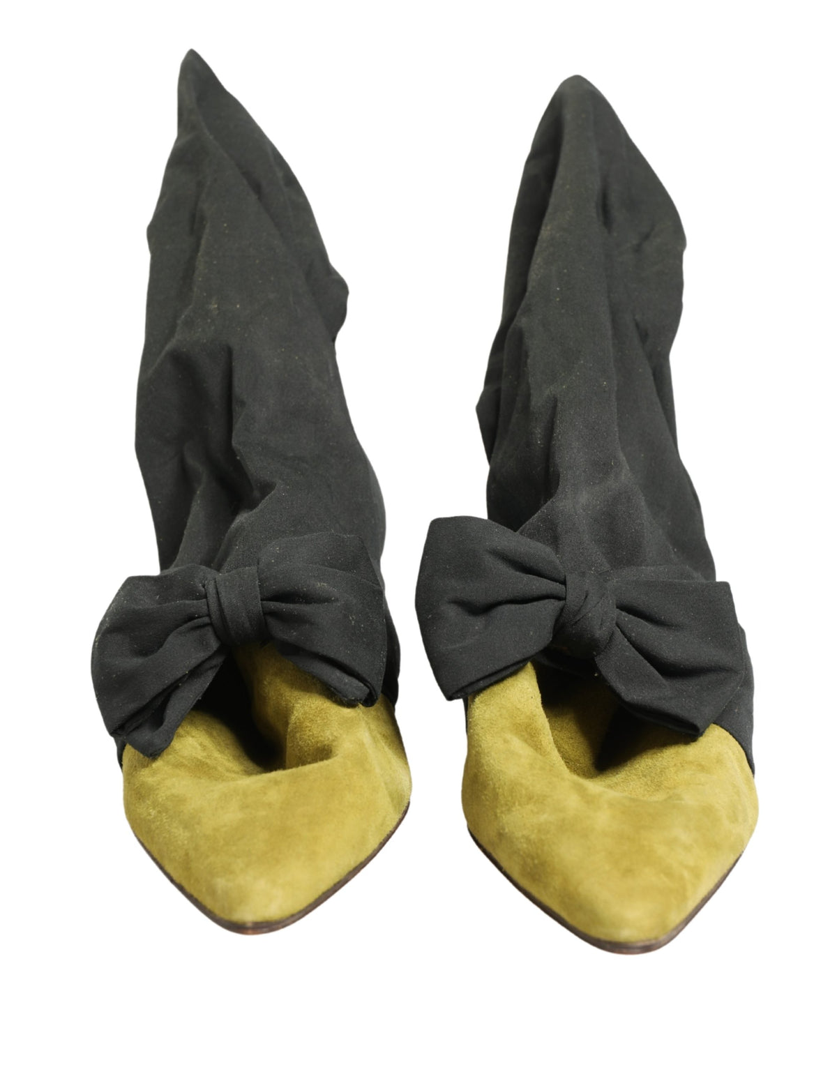 Step into a world of elegance with Dolce & Gabbana's black and yellow suede mid-calf boots, where Italian craftsmanship meets bold sophistication for the discerning fashionista.
