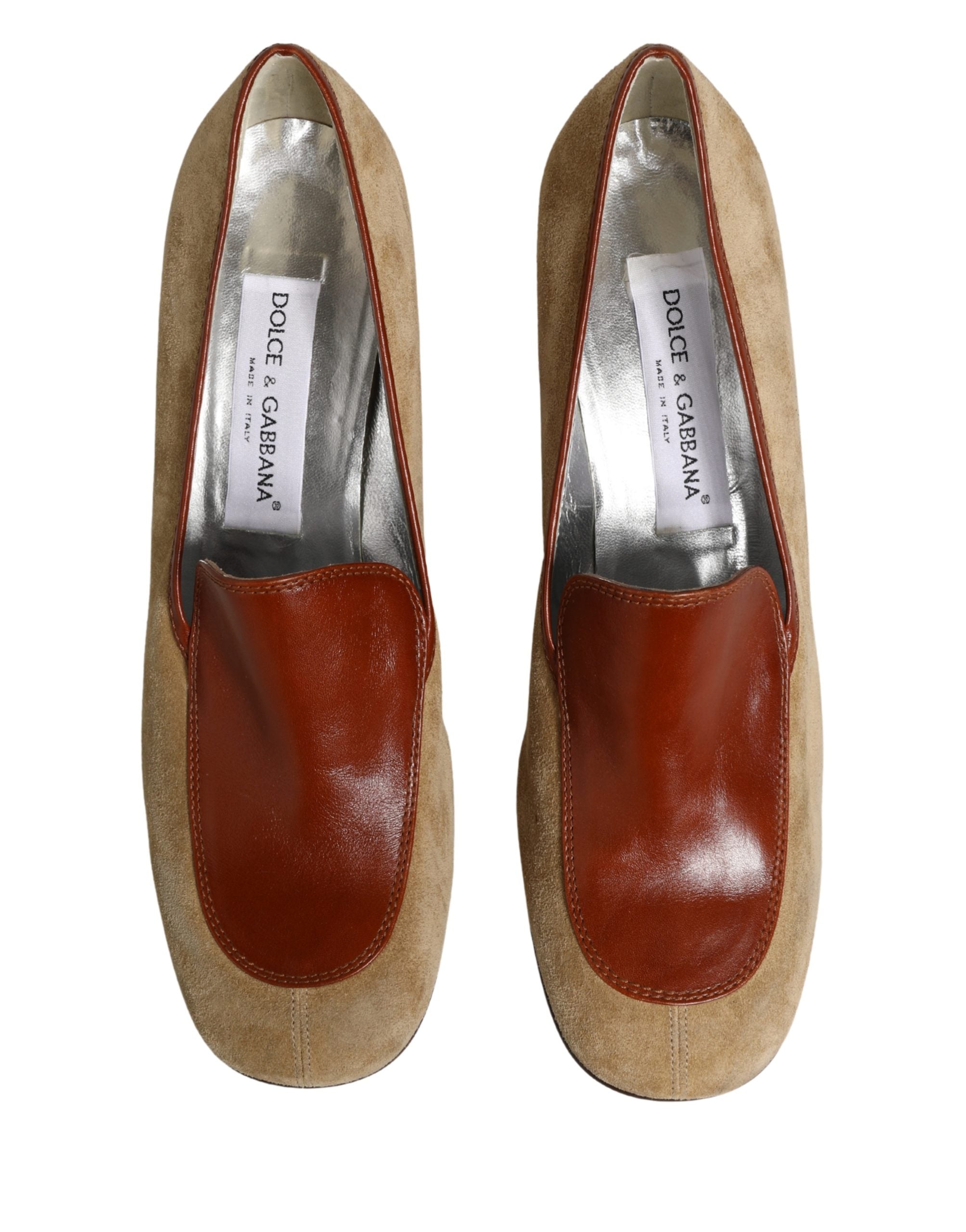 Dolce & Gabbana Beige Leather Suede Block Heel Loafers Shoes