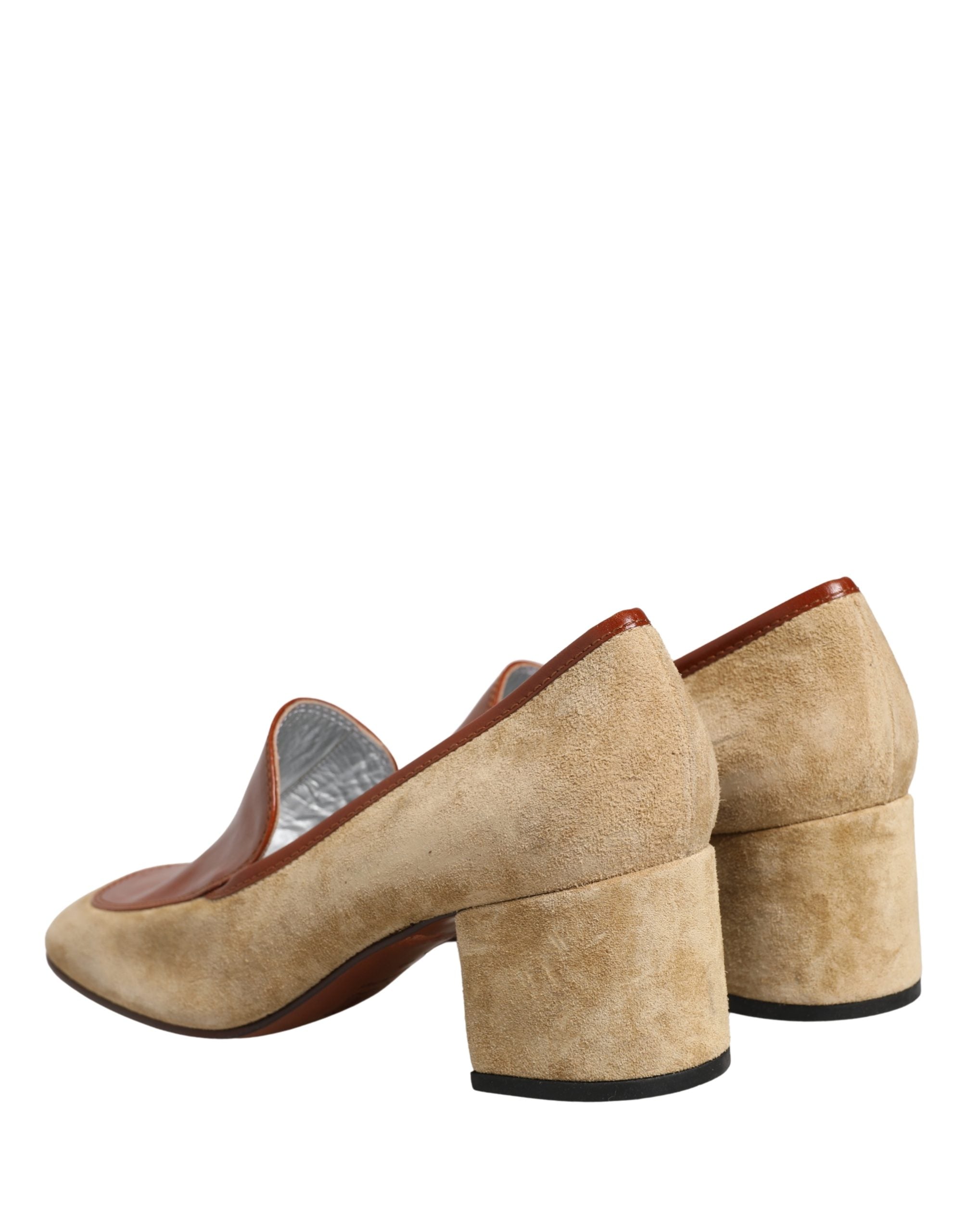 Dolce & Gabbana Beige Leather Suede Block Heel Loafers Shoes