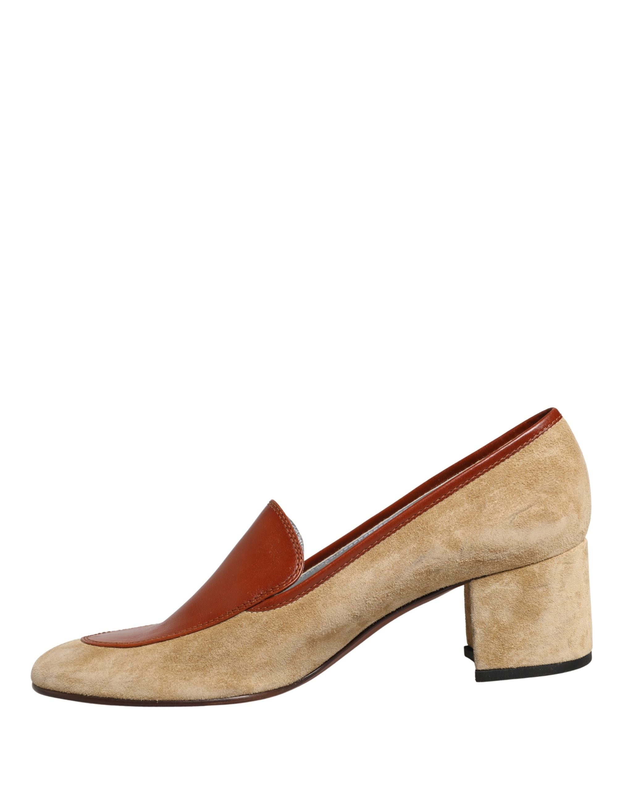 Dolce & Gabbana Beige Leather Suede Block Heel Loafers Shoes