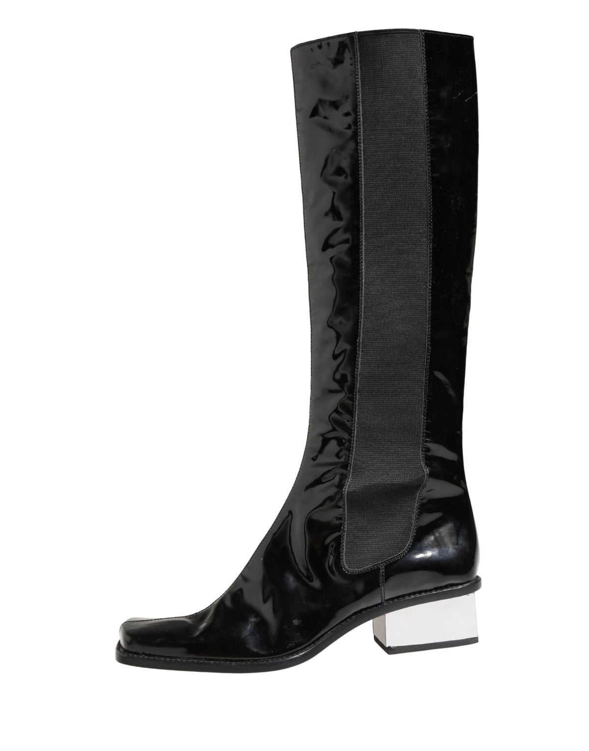 Elevate your style with Dolce & Gabbana's Black Patent Leather Knee High Boots, a masterpiece of Italian craftsmanship that embodies timeless elegance and luxurious allure.