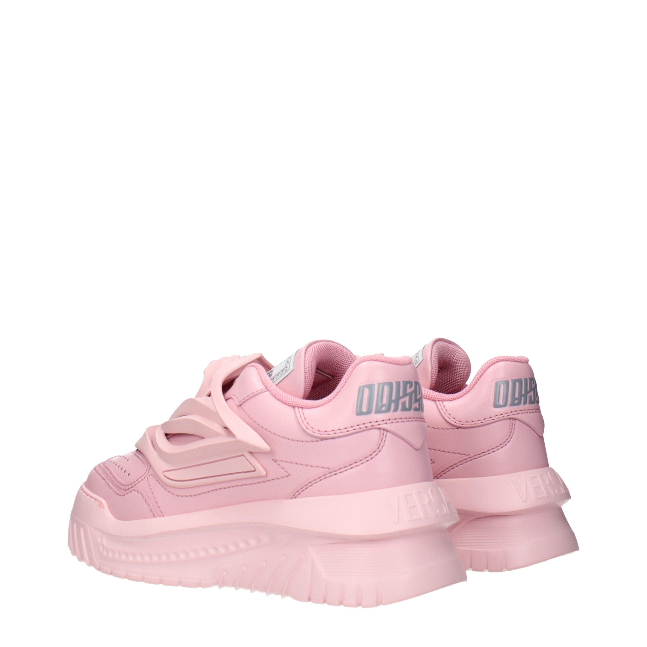 Step into the allure of Versace Pink Leather Chunky Sneakers, where Italian craftsmanship meets contemporary design, embodying elegance and confidence for every occasion.