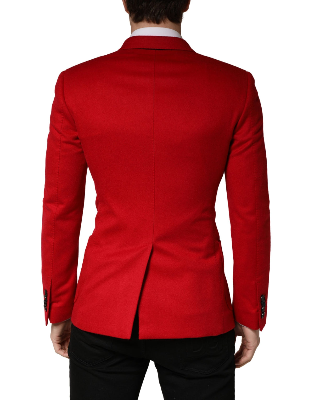 Elevate your wardrobe with the Dolce & Gabbana Red Cashmere Slim Fit Blazer, a masterpiece of Italian craftsmanship, blending luxurious cashmere with timeless elegance for the discerning connoisseur.