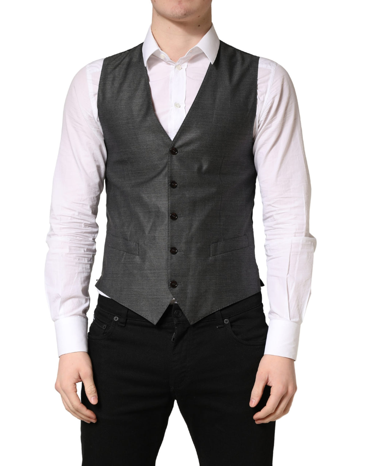 Elevate your elegance with the Dolce & Gabbana Dark Gray Wool Dress Waistcoat Vest, a masterpiece of Italian craftsmanship in luxurious virgin wool and silk.