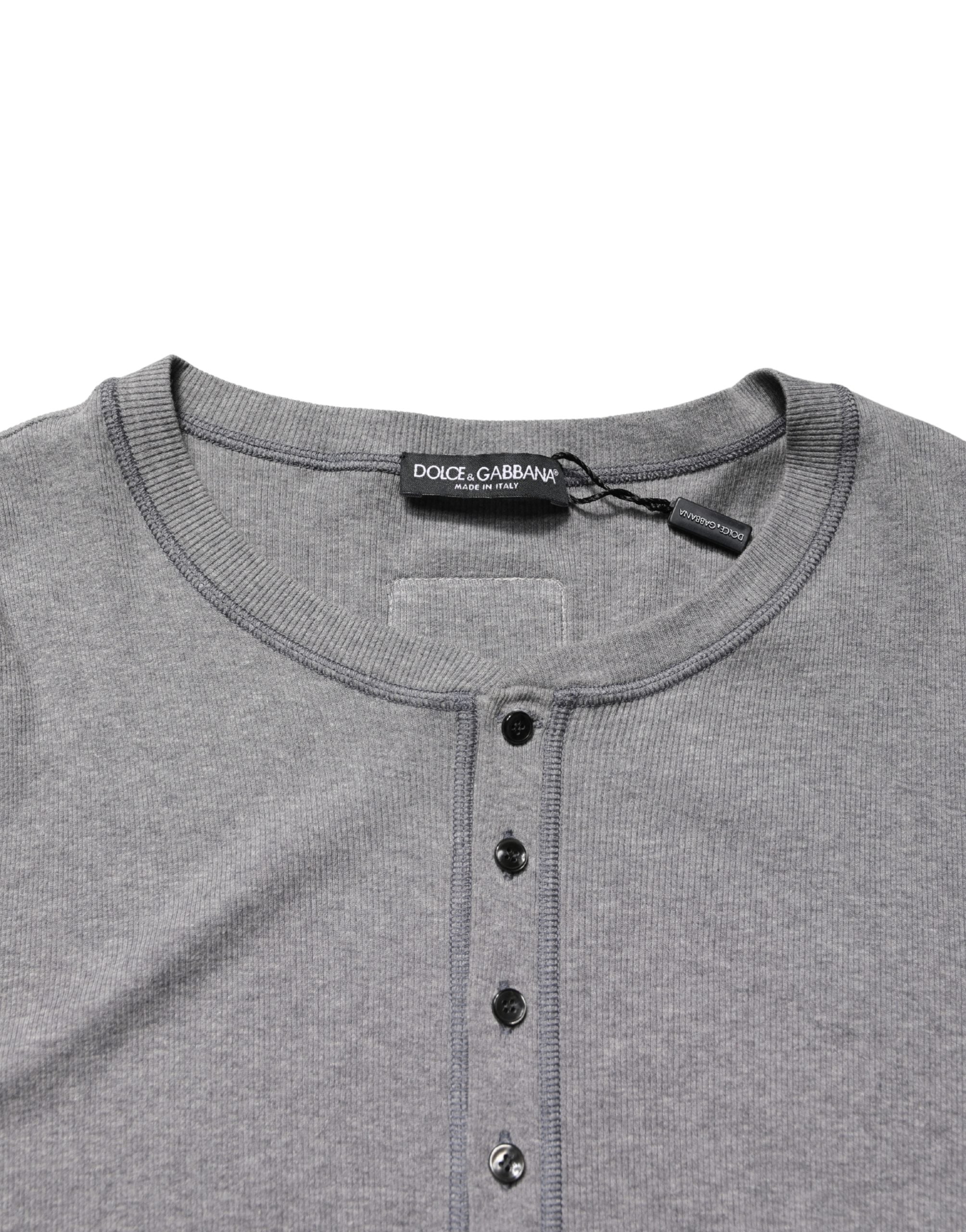 Dolce & Gabbana Gray Ribbed Cotton Long-Sleeve Henley T-shirt