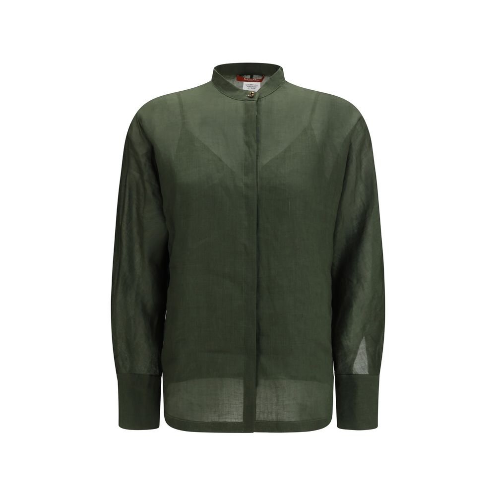 Experience the exquisite Max Mara Bicolor Ramie Dress Shirt, a masterful blend of 100% ramie canvas and refined design, perfect for the discerning wardrobe.
