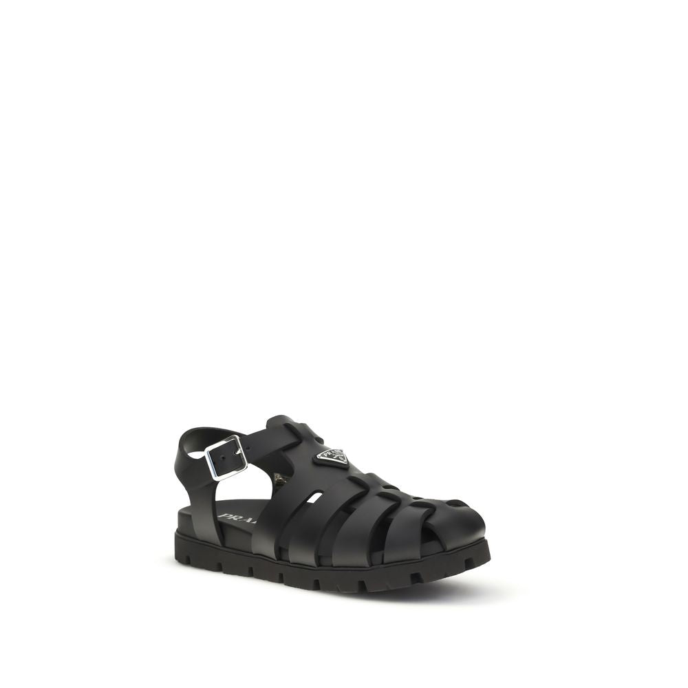 Prada Black Calf Leather Bos Taurus Flat Sandals - Luxury Redefined