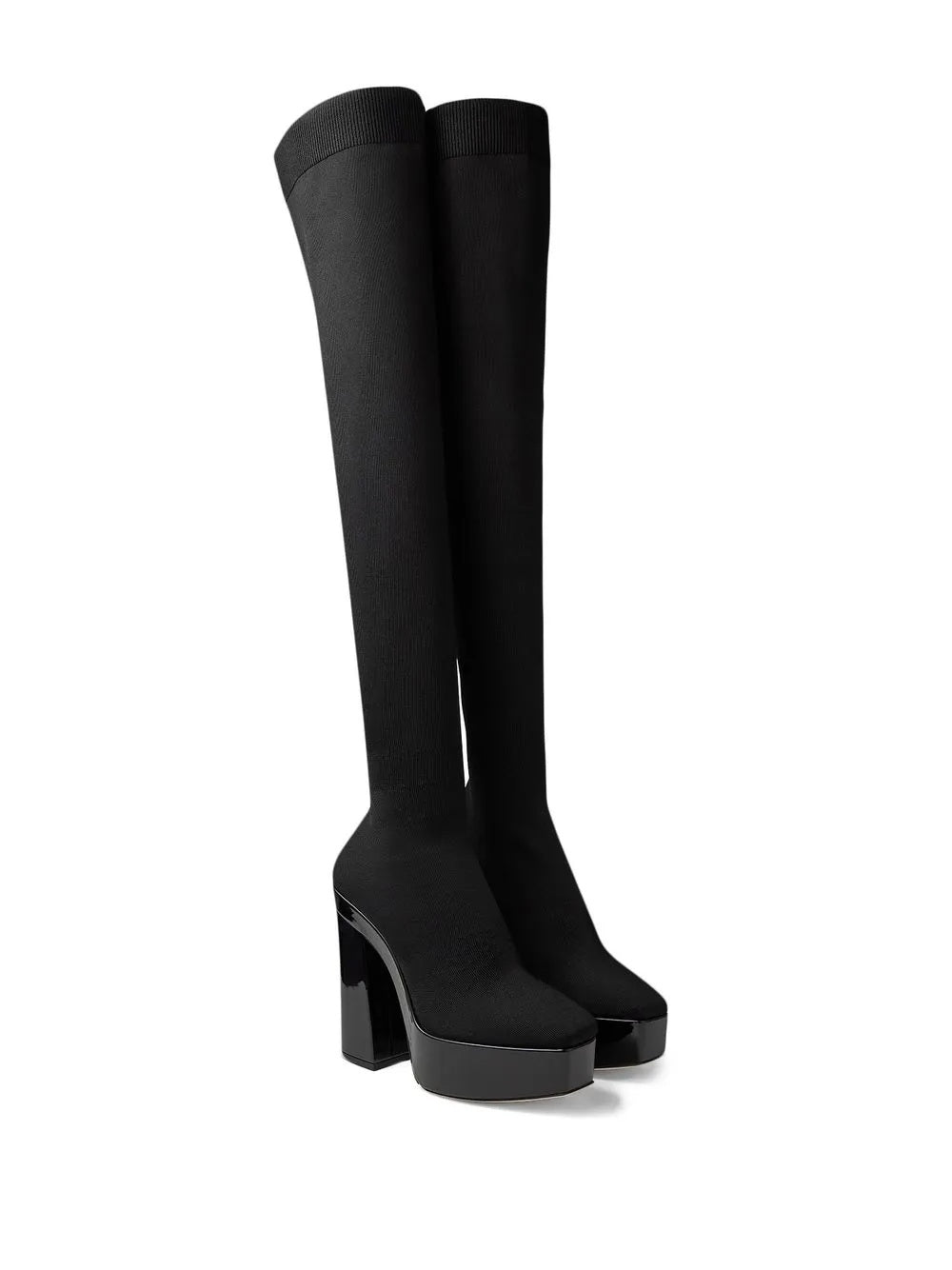 Experience the allure of Jimmy Choo Black Fabric Over The Knee boots, where exquisite craftsmanship meets timeless elegance for unforgettable evenings.