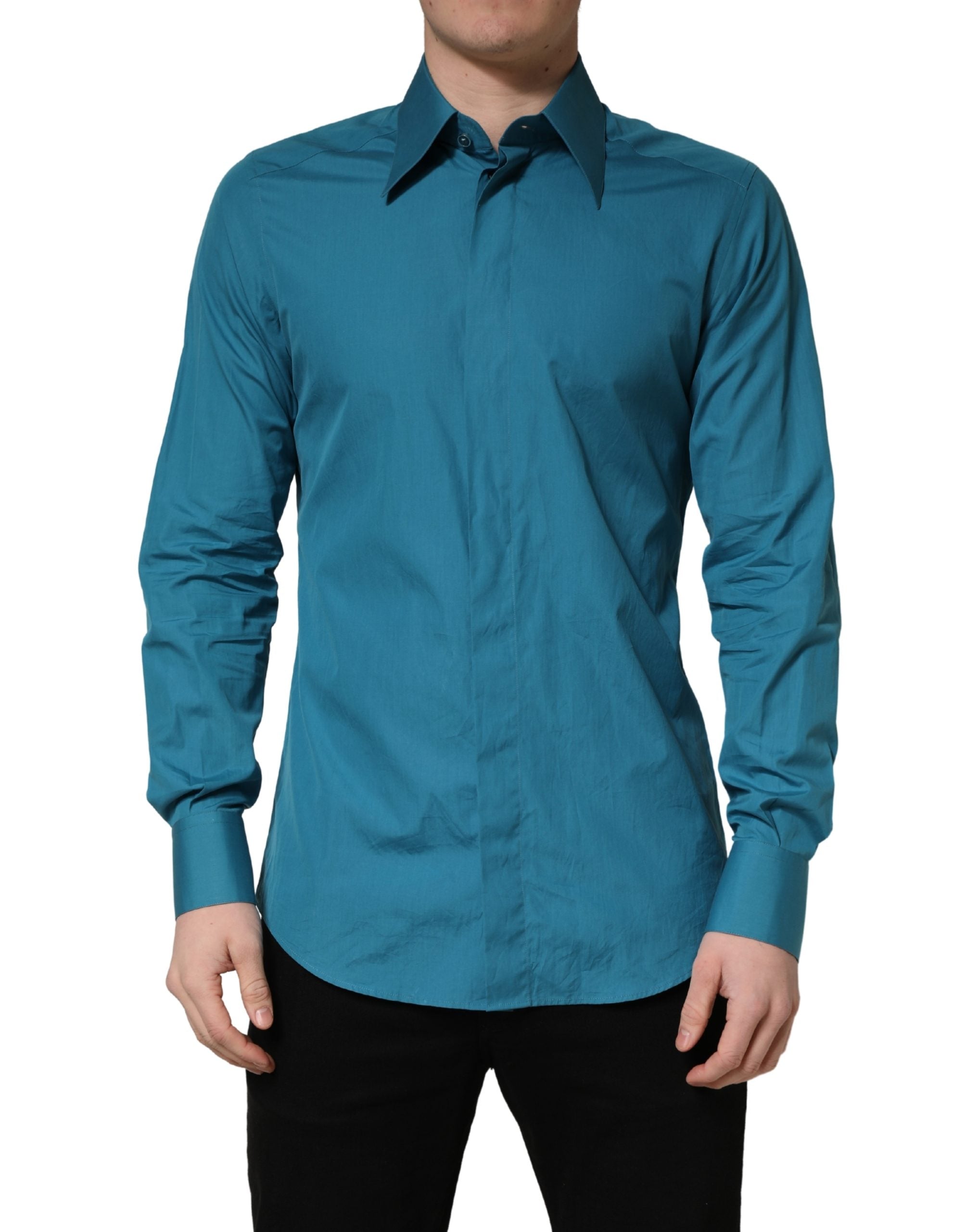 Indulge in the exquisite Dolce & Gabbana Blue SARTORIA Long Sleeve Cotton Dress Shirt, a masterpiece of Italian craftsmanship that elevates your style with timeless sophistication.