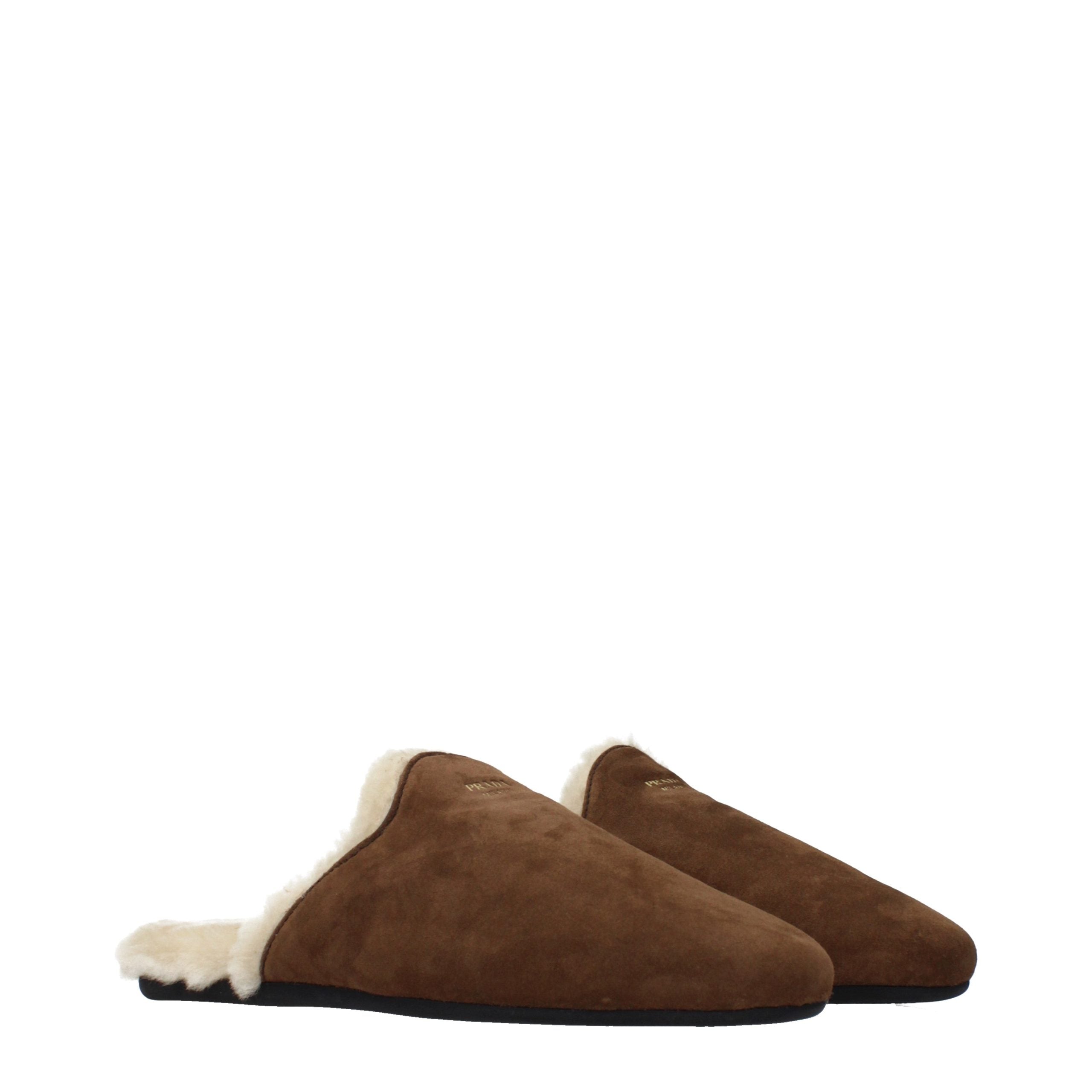 Experience the epitome of luxury with Prada Brown Leather Slippers, crafted from sumptuous suede and fur, redefining comfort for the discerning individual.