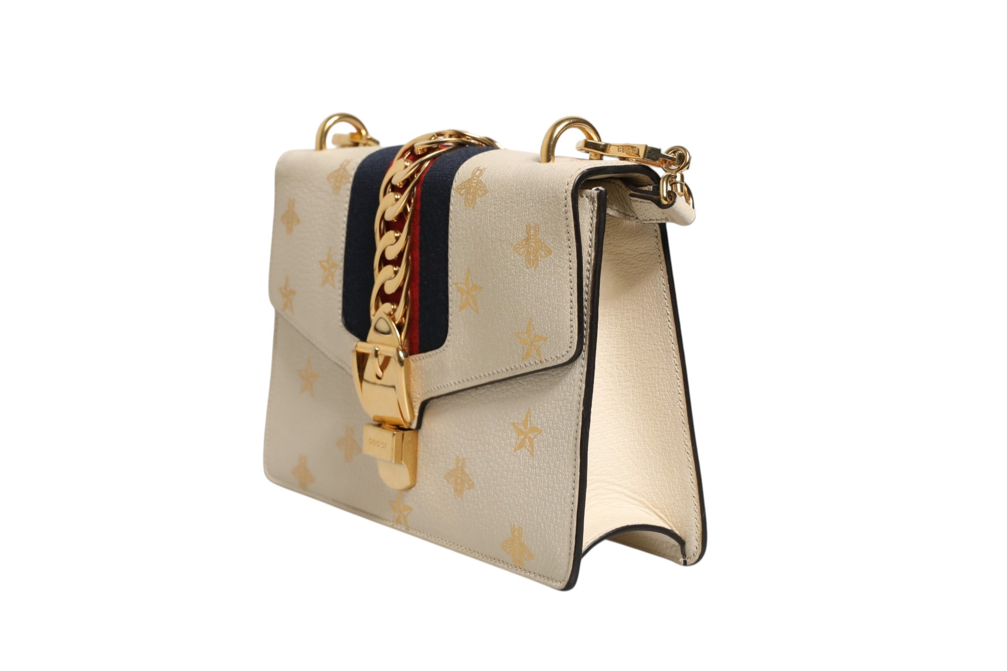 Gucci Cream Leather with a Bee and Star Print Leather Sylvie Crossbody Bag
