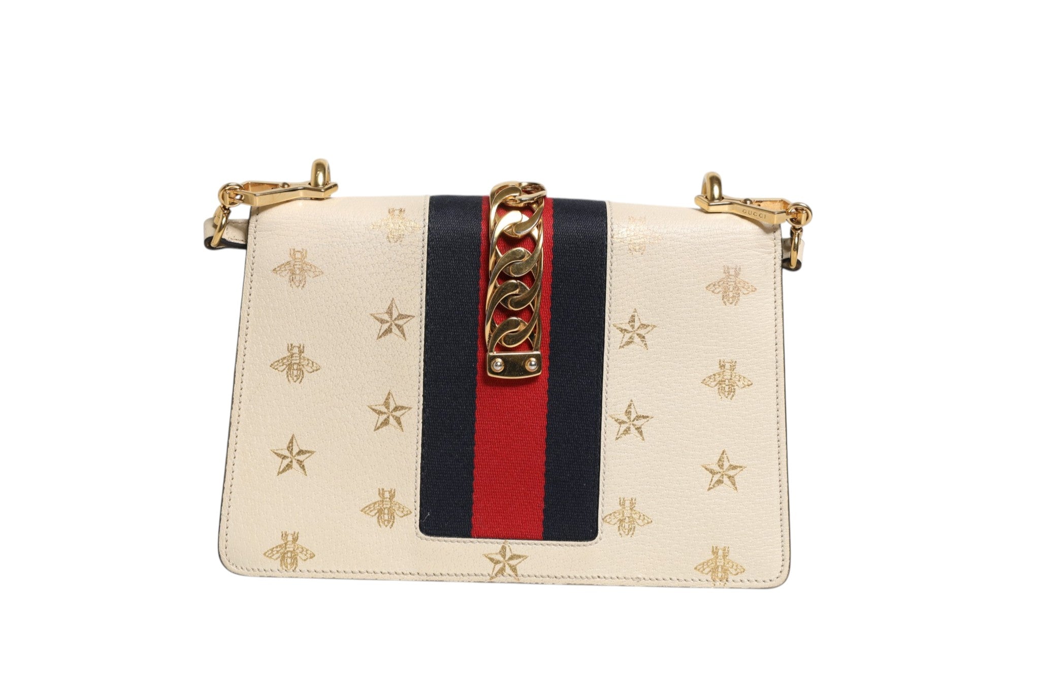 Gucci Cream Leather with a Bee and Star Print Leather Sylvie Crossbody Bag