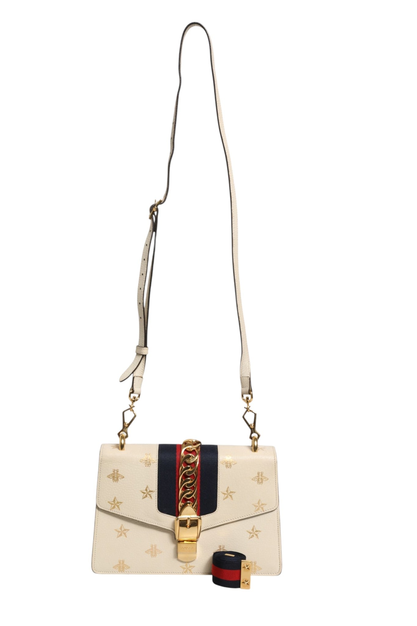 Gucci Cream Leather with a Bee and Star Print Leather Sylvie Crossbody Bag